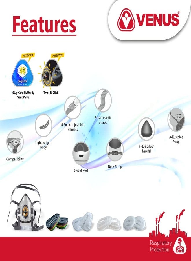 VENUS - V-900 - Half Face Respirator Mask with ABEK1 Multigas Filter Cartridges - ISI Certified, Twist & Click Filter Lock, Chemical & Carcinogenic Respiratory Protection - Combo Pack - Grey - Image 4